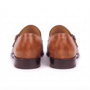 Pair of brown leather double monk strap shoes rear view