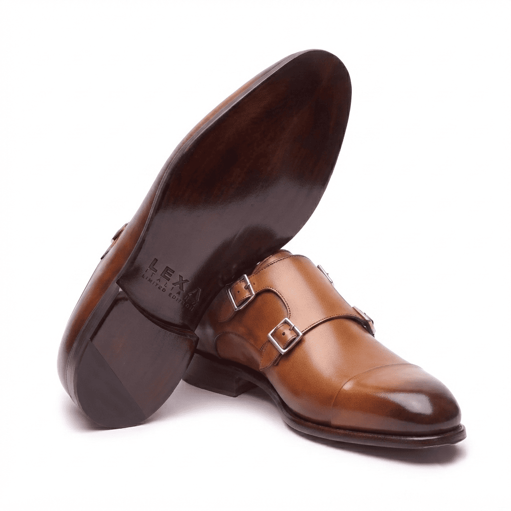 Brown leather double monk strap shoe sole and side view