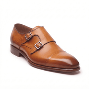 Brown leather double monk strap shoe side view