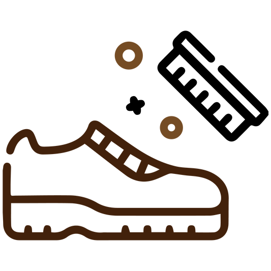 A minimalist website icon featuring a circular border enclosing a brown line-art graphic of a shoe brush polishing a shoe, positioned above the bold black text 'Complimentary Finishing' against a solid white background.