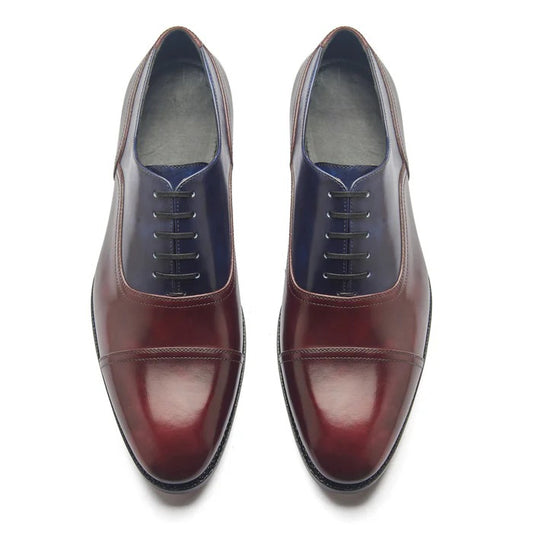 Contemporary navy and maroon Balmoral Oxford shoes – front view