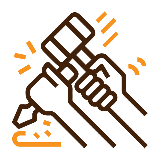 A minimalist website icon featuring a circular border enclosing a line-art graphic of two hands crafting with a mallet and a chisel, positioned above the bold black text 'Crafted By Designers' against a solid white background.