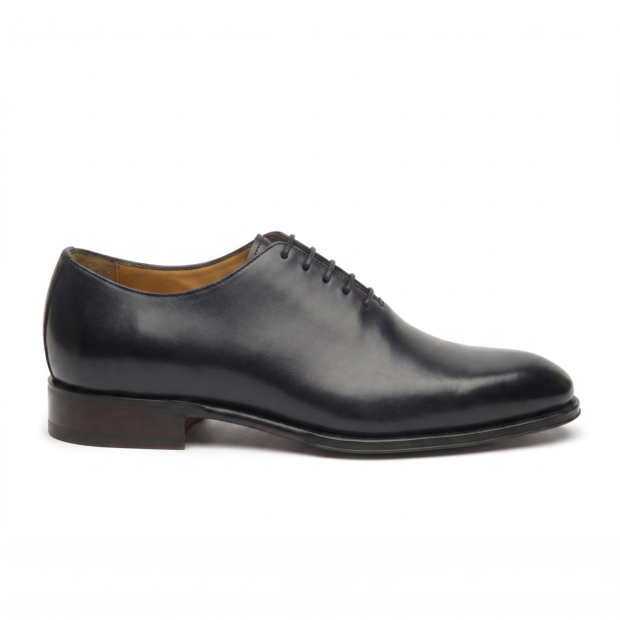 Side profile of black leather Oxford formal shoes