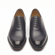 Front view of black leather Oxford shoes for men