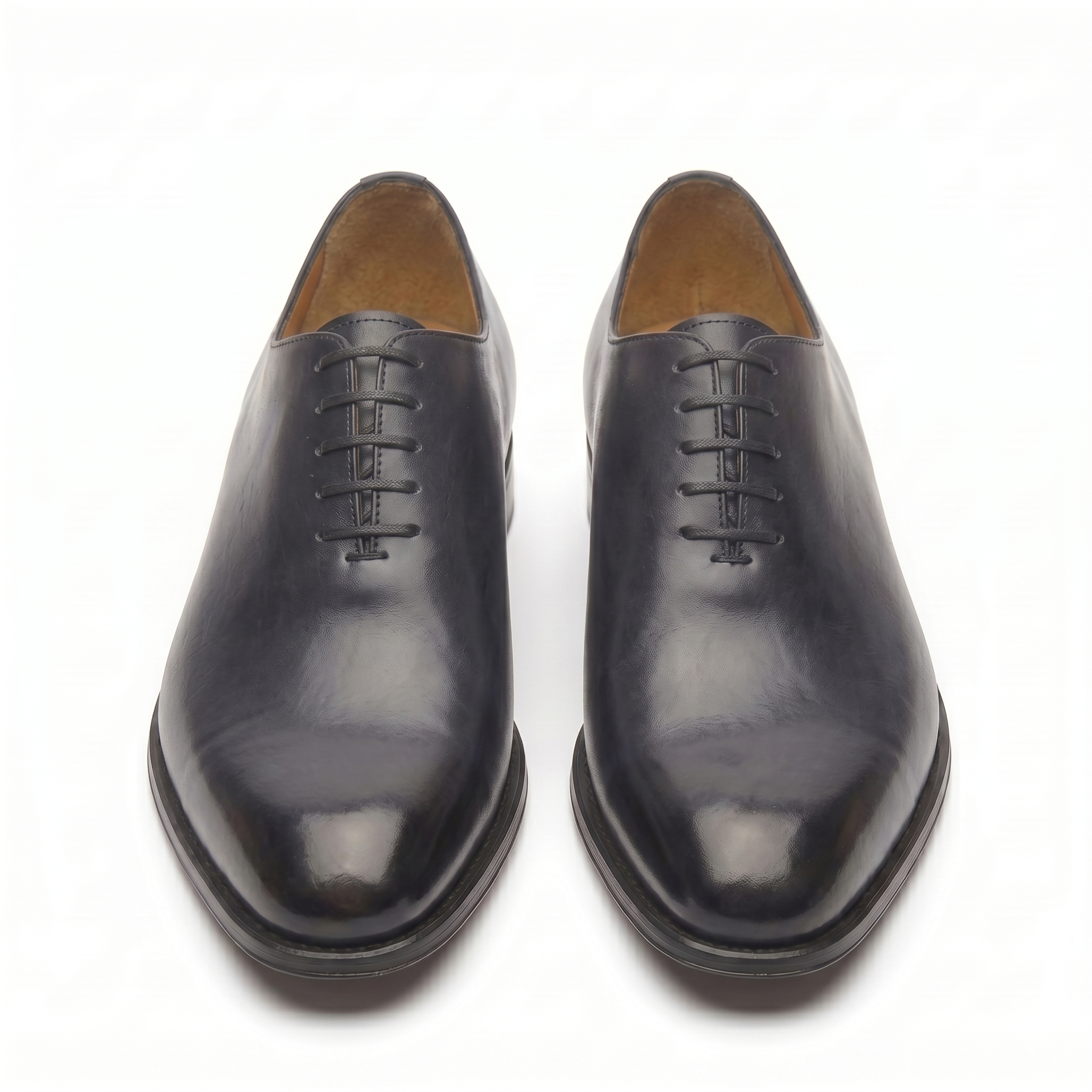 Front view of black leather Oxford shoes for men