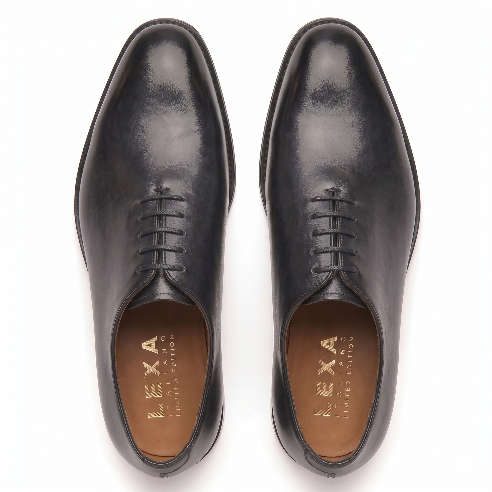 Top view of black leather Oxford shoes for men