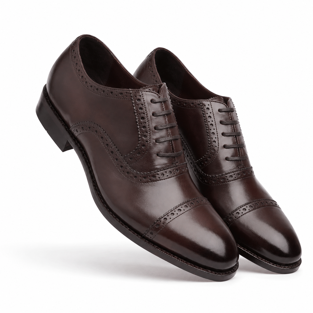 Dark brown leather Oxford shoes for men showing the rounded toe and polished finish