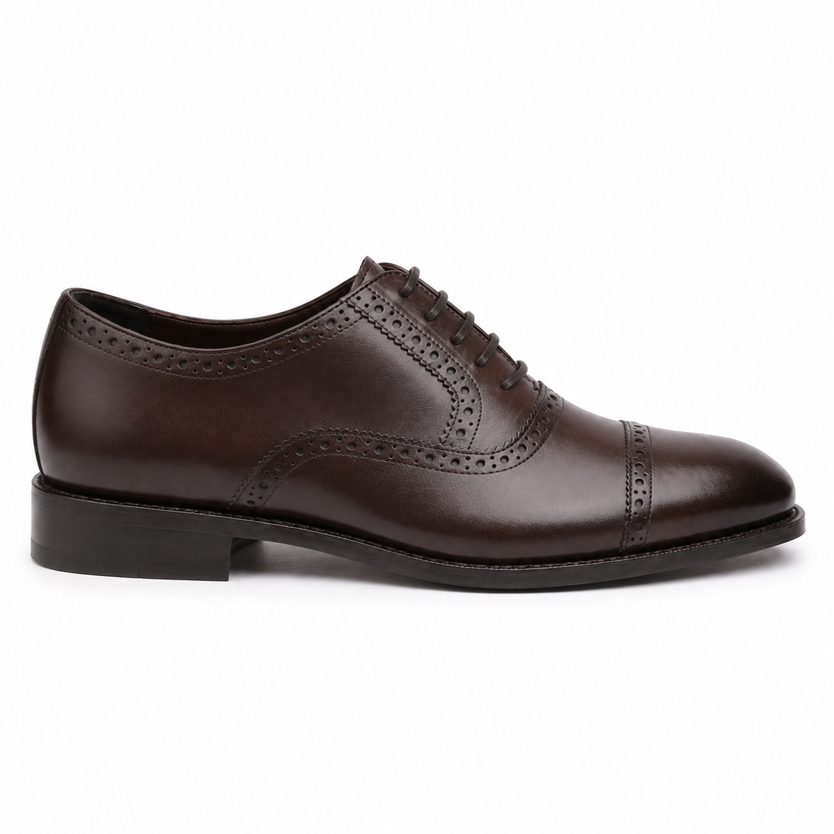 Dark brown leather Oxford shoe showing its low heel and sleek side profile