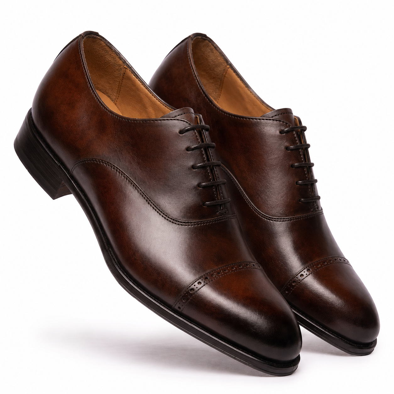 Angled view of brown leather Oxford shoes for men