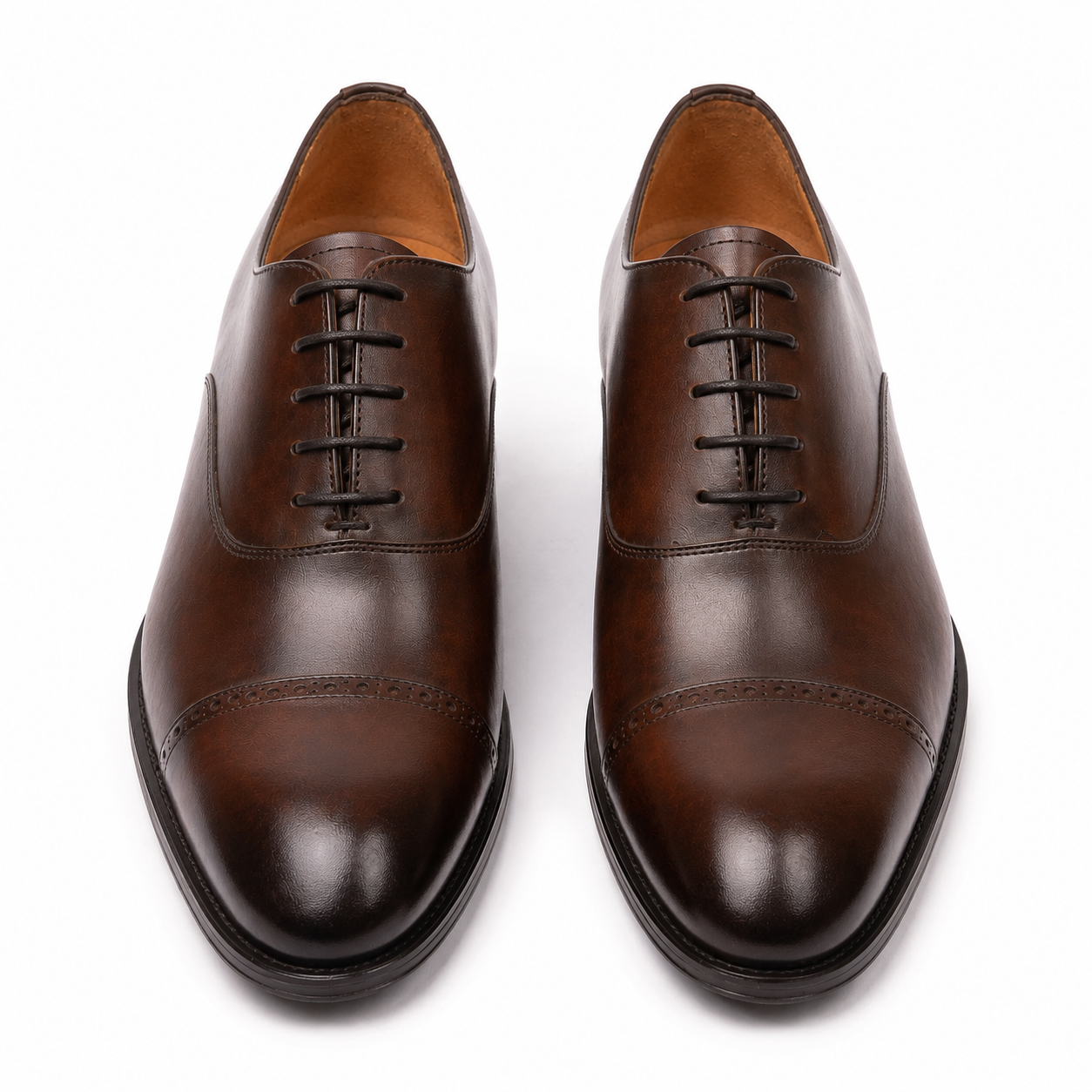 Front view of brown leather Oxford shoes