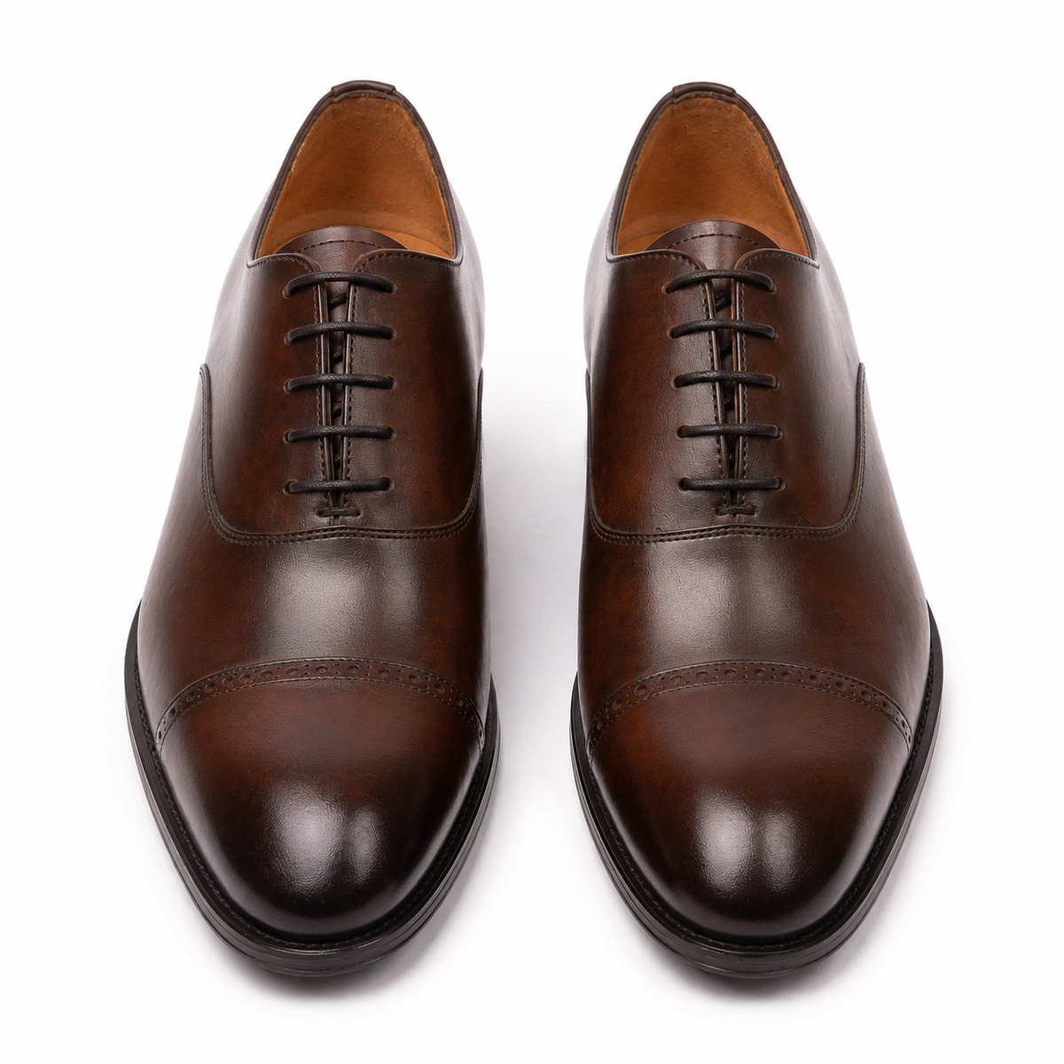Front view of brown leather Oxford shoes