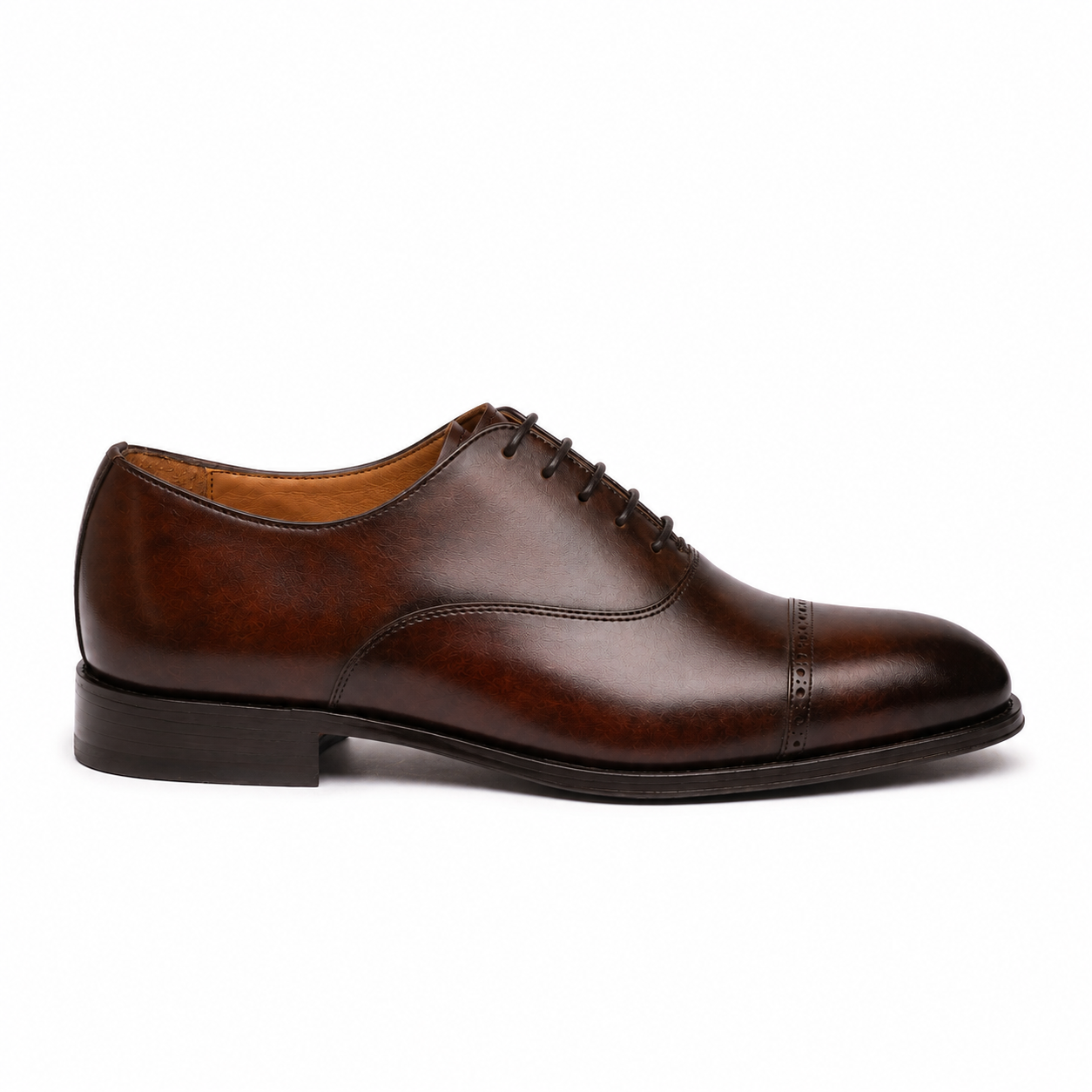 Side profile of brown leather Oxford shoe