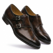 Dark Brown Double Monk Strap Leather Shoes for Men