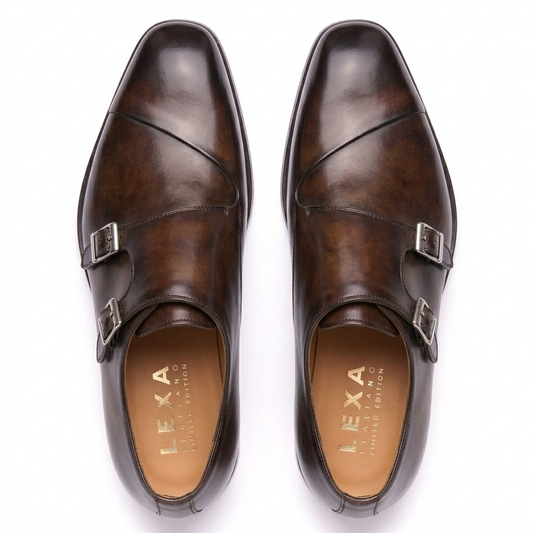 Dark Brown Double Monk Strap Leather Shoes for Men