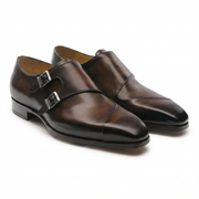 Dark Brown Double Monk Strap Leather Shoes for Men