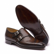 Dark Brown Double Monk Strap Leather Shoes for Men