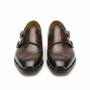 Dark Brown Double Monk Strap Leather Shoes for Men