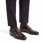 Dark Brown Double Monk Strap Leather Shoes for Men