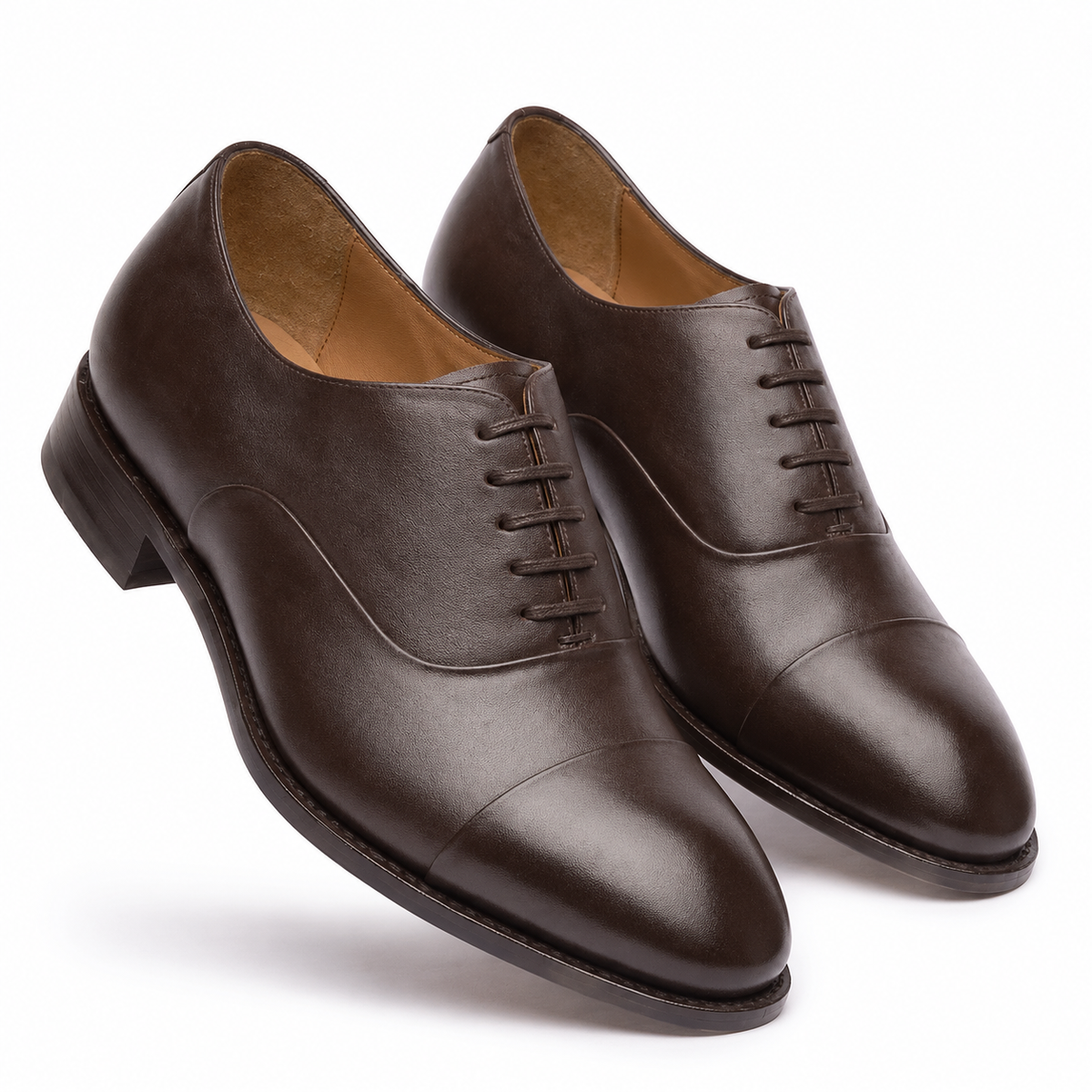 Angled view of brown leather Oxford dress shoes