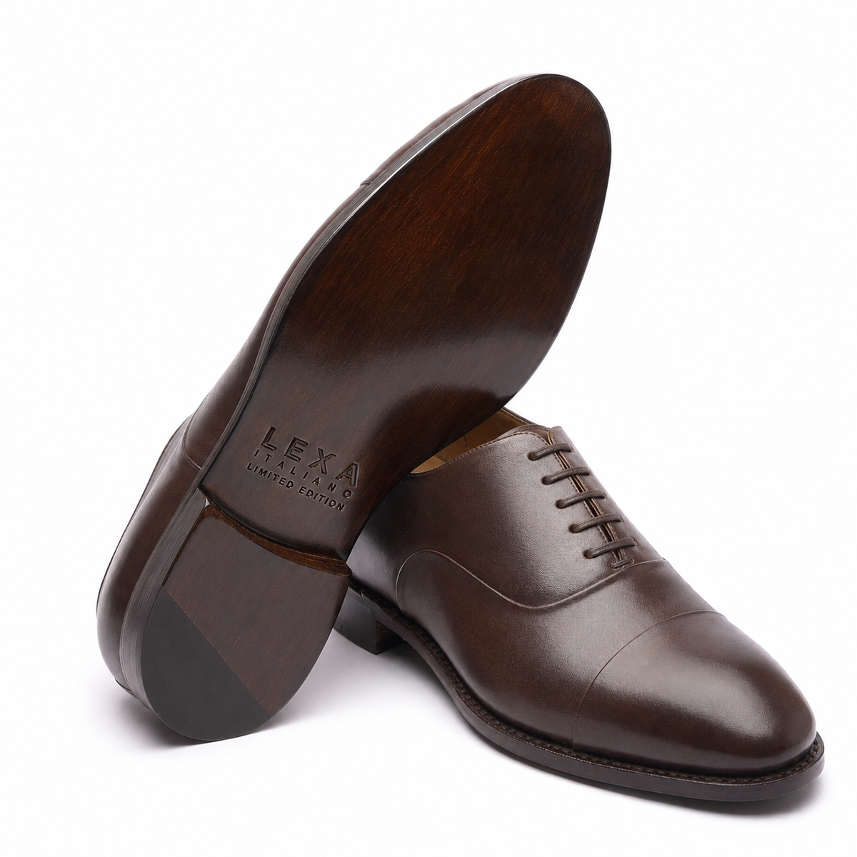 Sole view of brown leather Oxford dress shoe