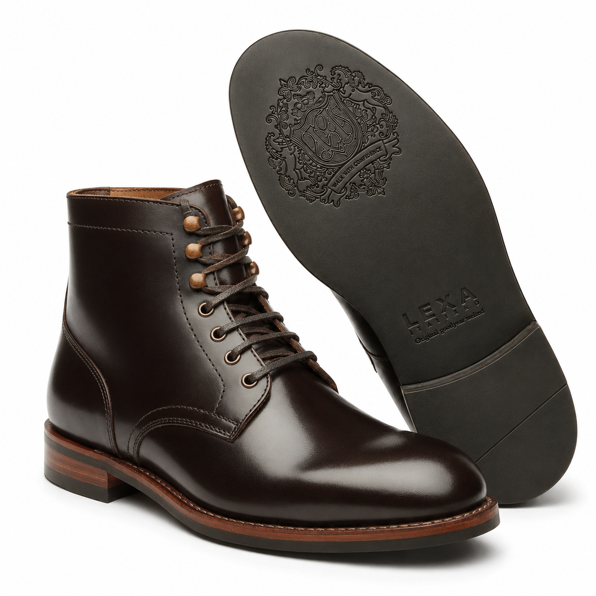 Dark brown leather lace-up boots showing side and sole