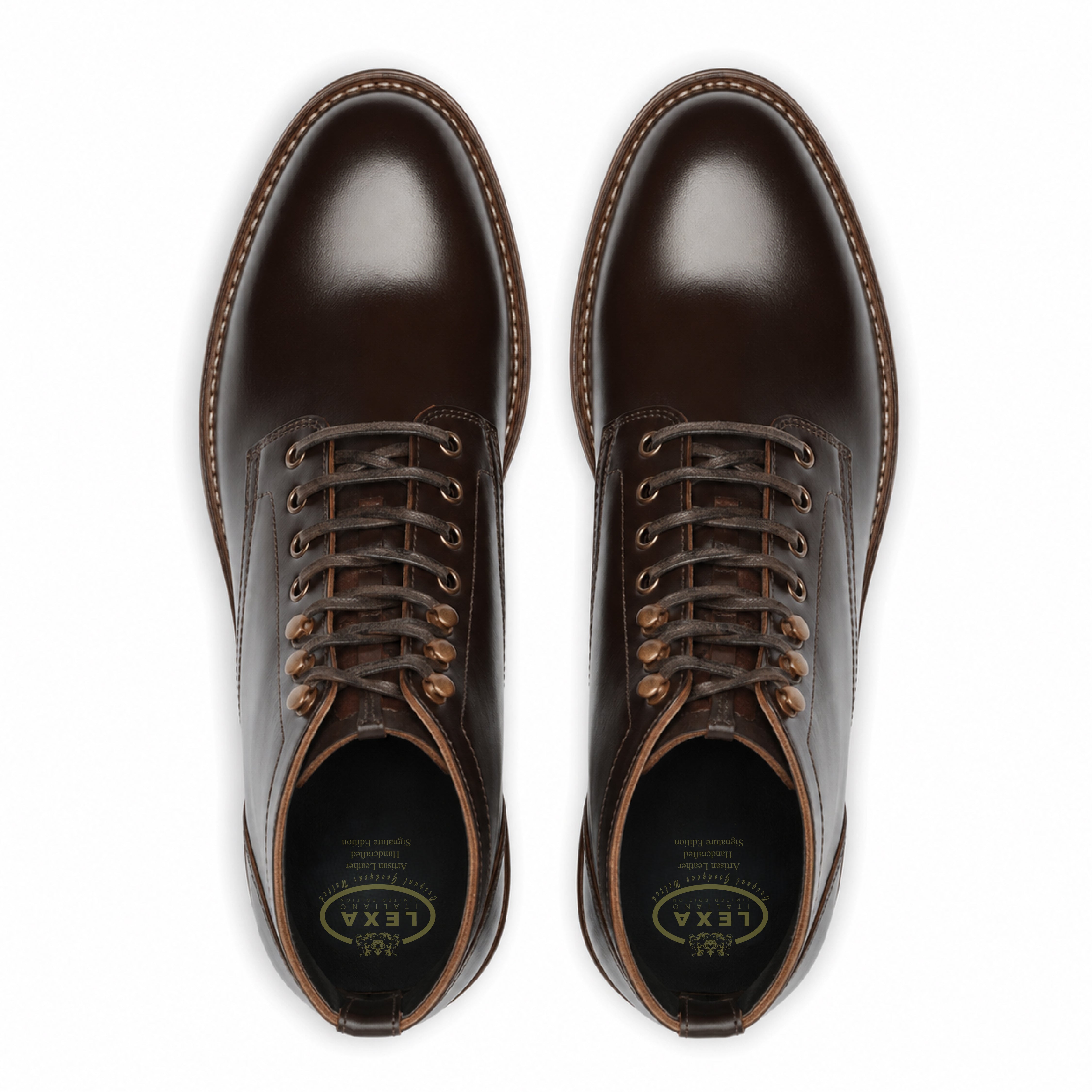 Top view of dark brown leather men’s lace-up boots