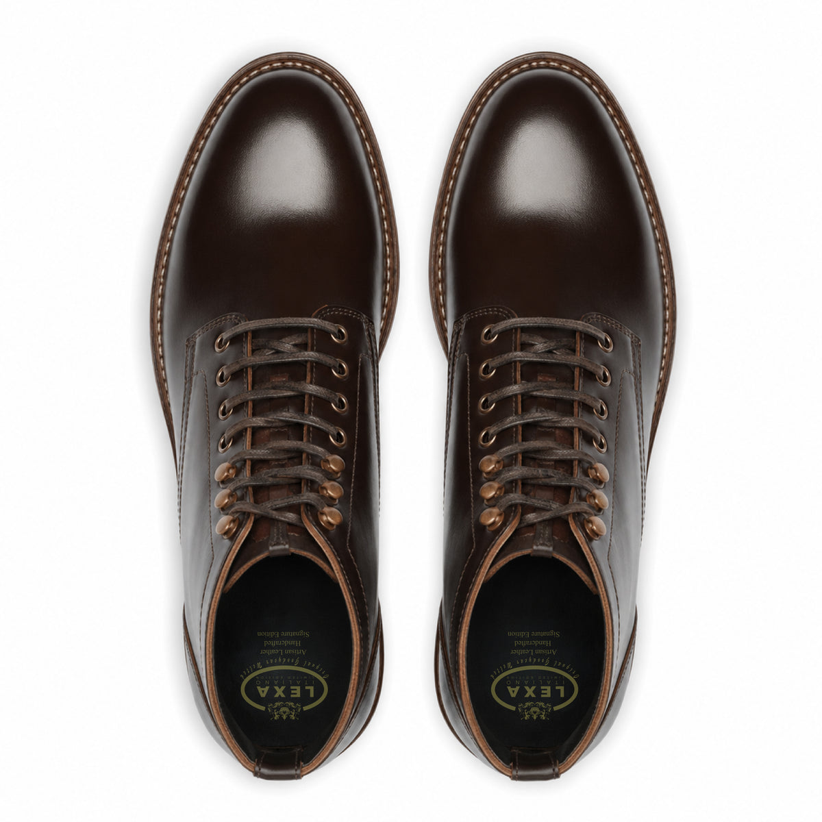 Top view of dark brown leather men’s lace-up boots