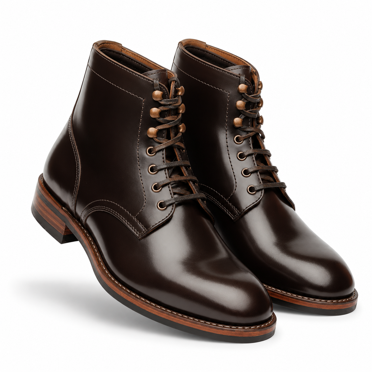 Front three-quarter view of dark brown leather lace-up boots