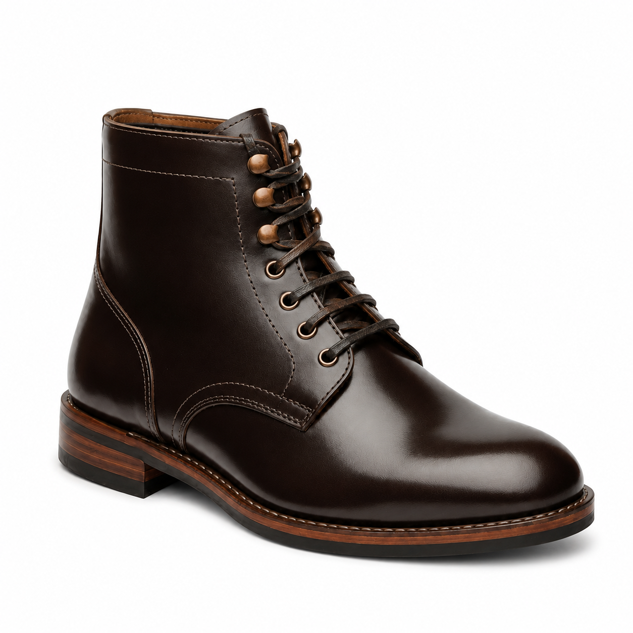 Side view of dark brown leather lace-up ankle boot for men