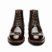 Front view of dark brown leather men’s lace-up ankle boots