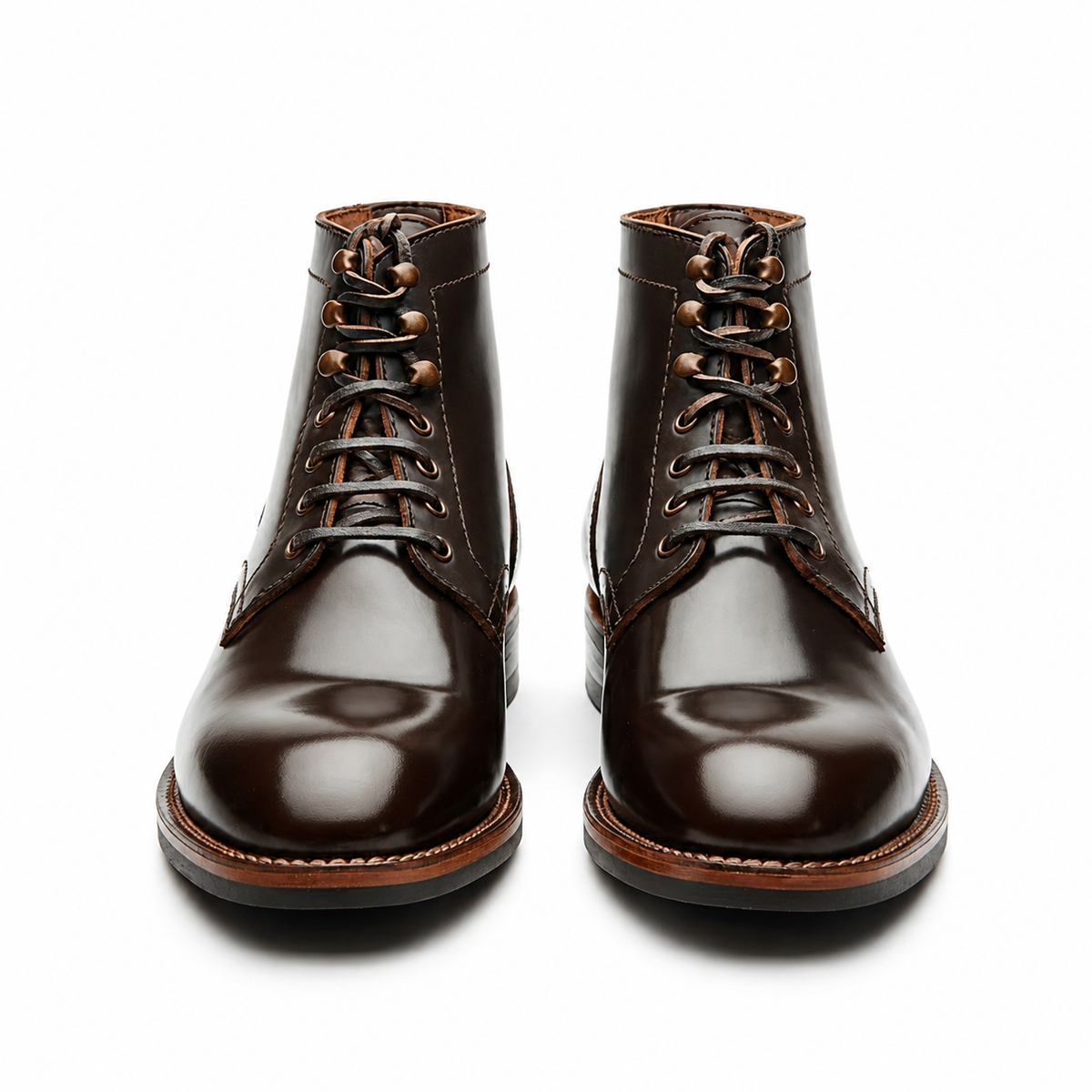 Front view of dark brown leather men’s lace-up ankle boots