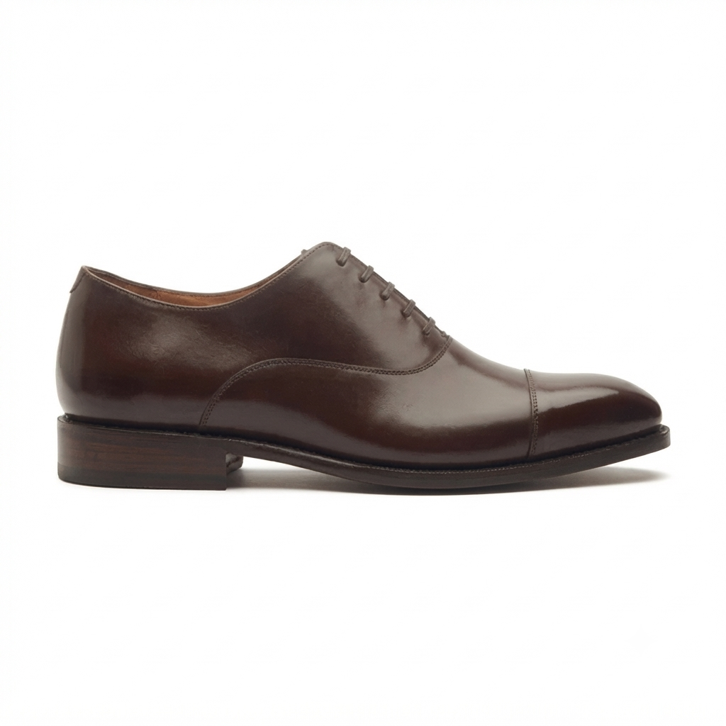 Side profile of dark brown leather Derby shoe for men