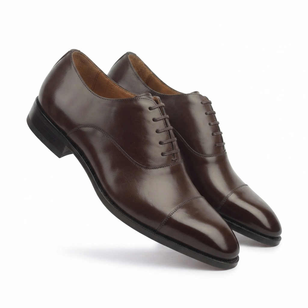 Angled view of dark brown leather Derby shoes