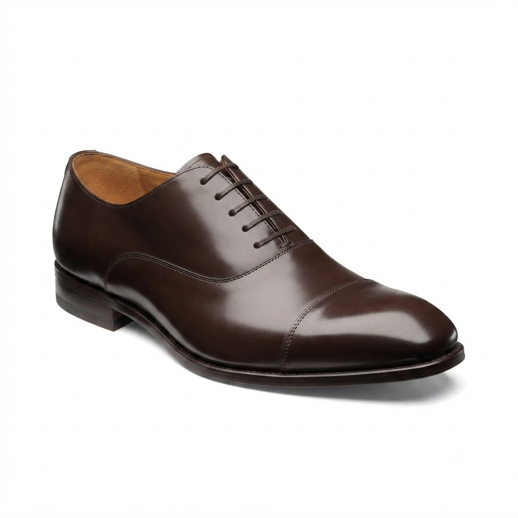 Side view of premium dark brown leather Derby shoe