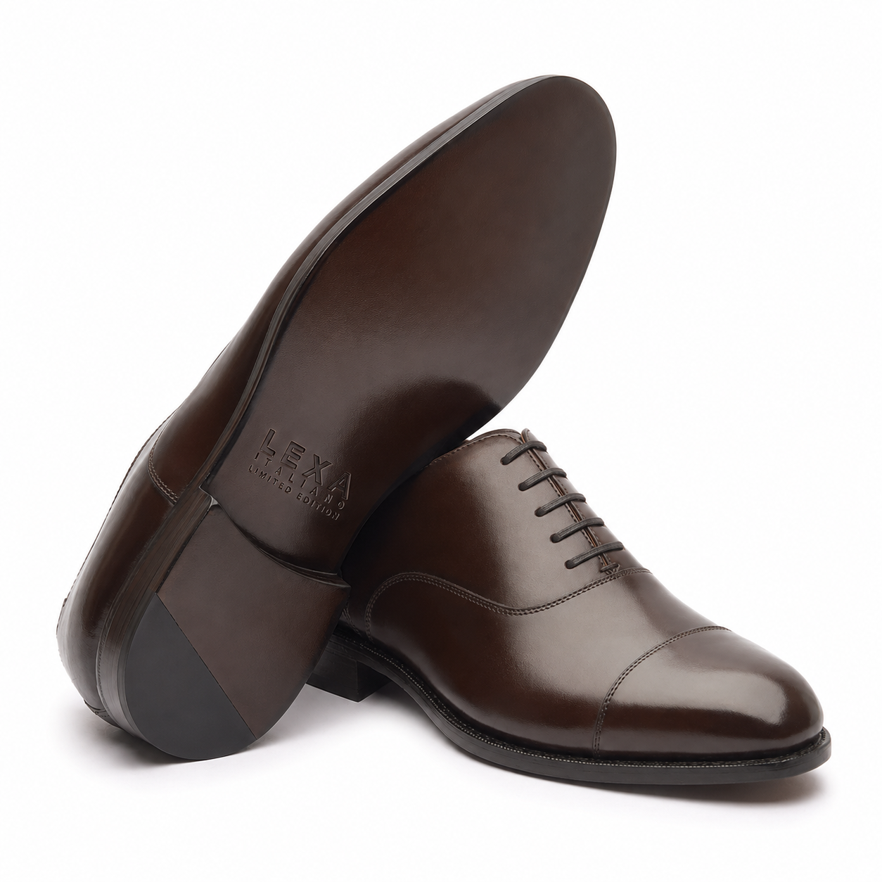 Open view of dark brown leather Derby shoes showing interiors