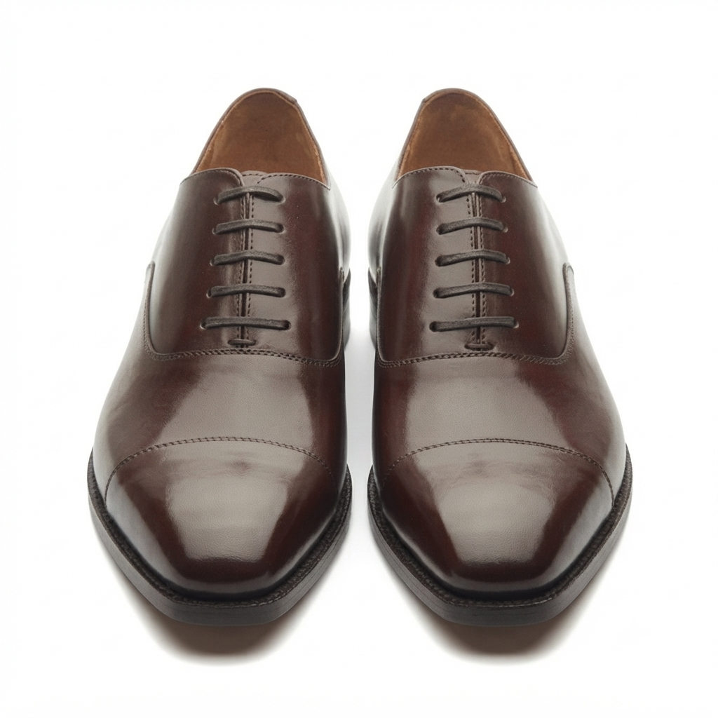 Front view of dark brown leather Derby shoes for men