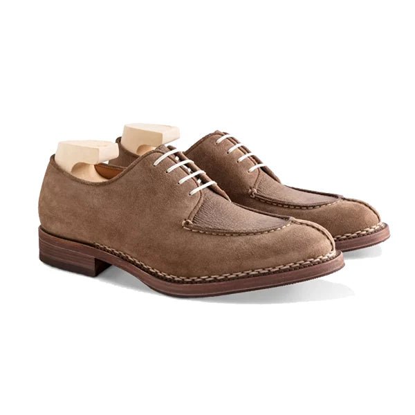 Derby Blucher Beige Suede Leather Men Shoes