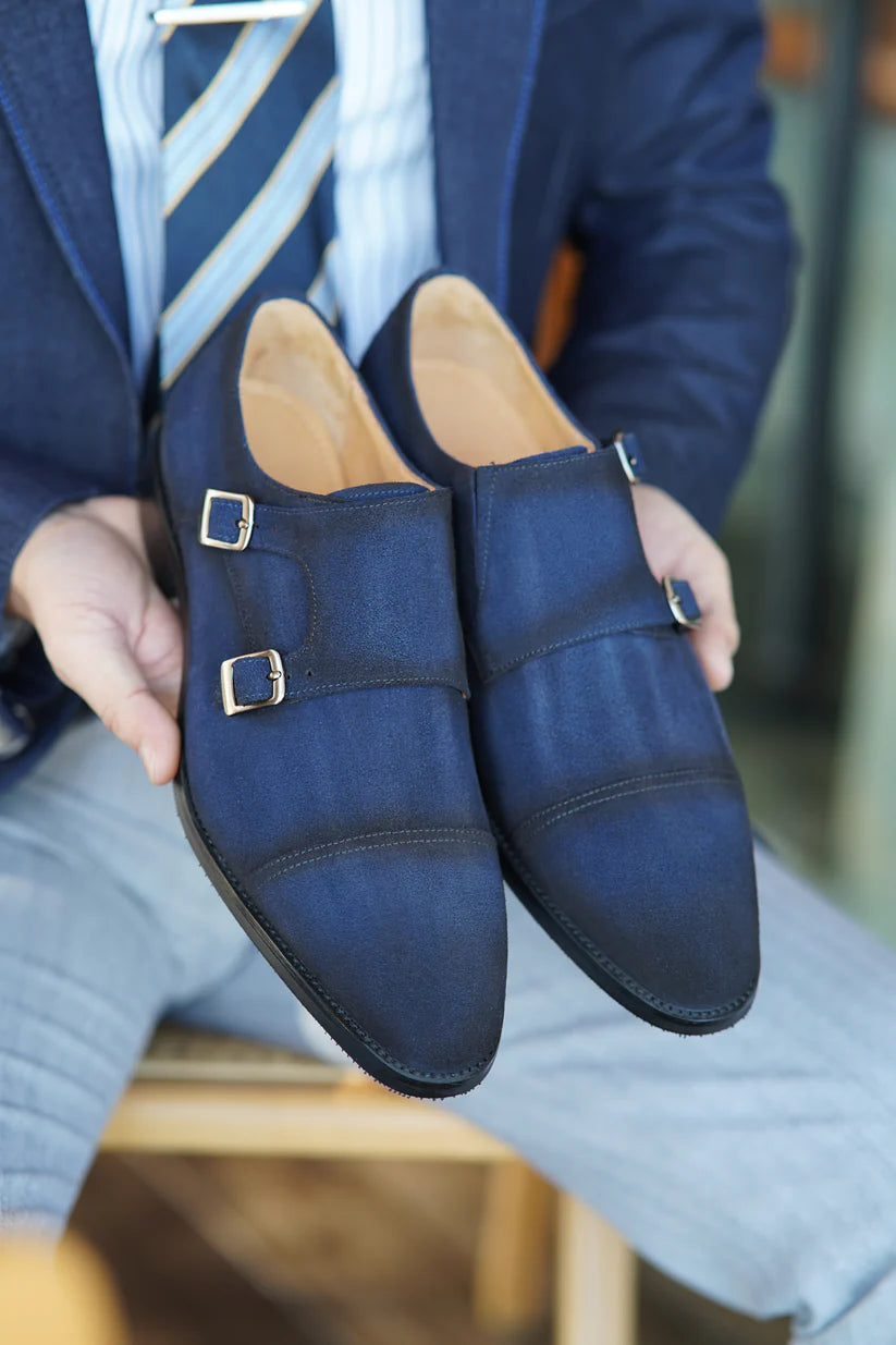 Handcrafted Navy Nubuck Double Monk Strap Shoes