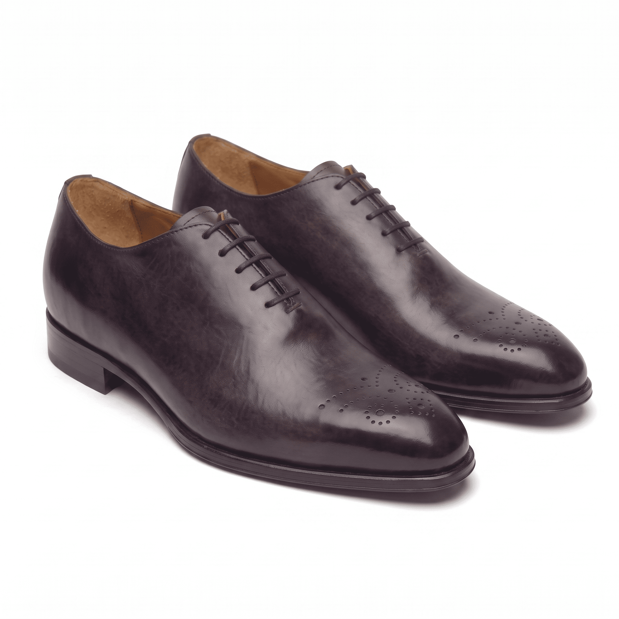 Dark brown leather lace-up dress shoes with handcrafted finish