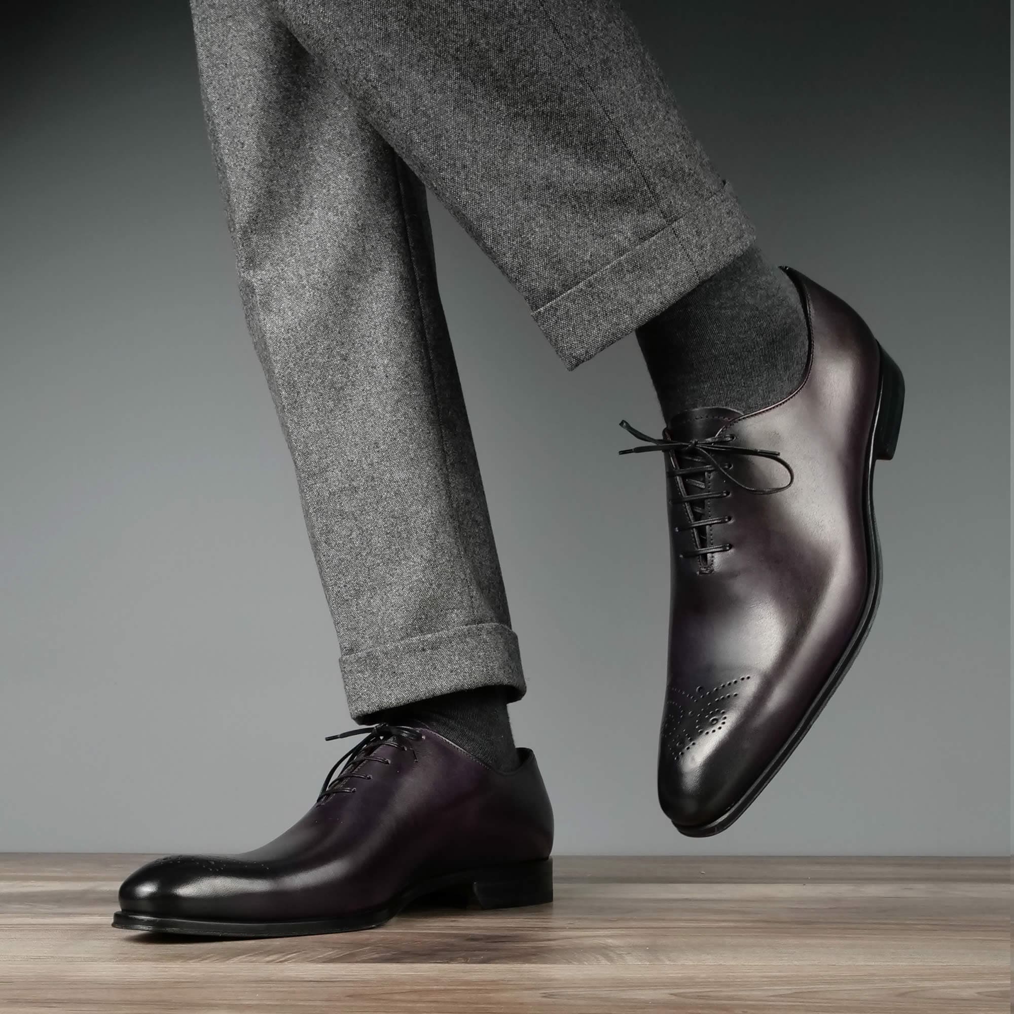 eggplant wholecut brogue shoes close up detail