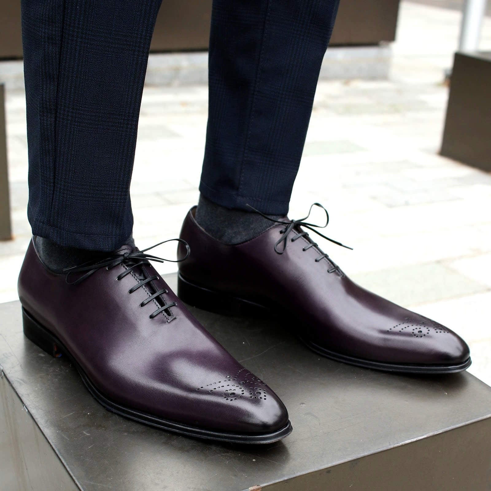 sleek eggplant leather brogue shoes for formal wear
