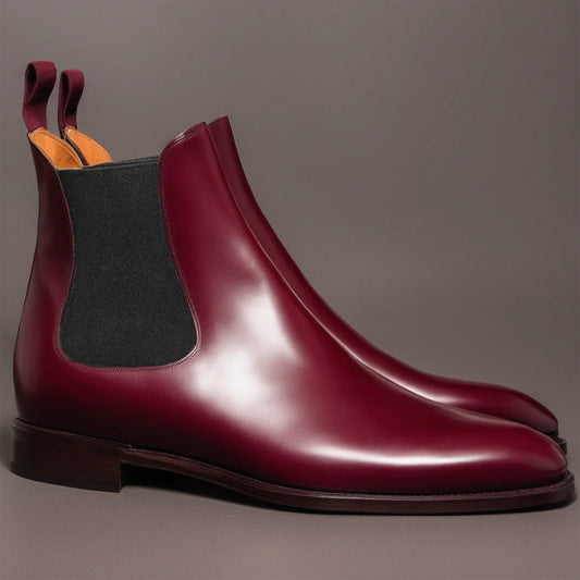 Flat feet shoes in burgundy leather Chelsea boots showing arch support and elastic side panels