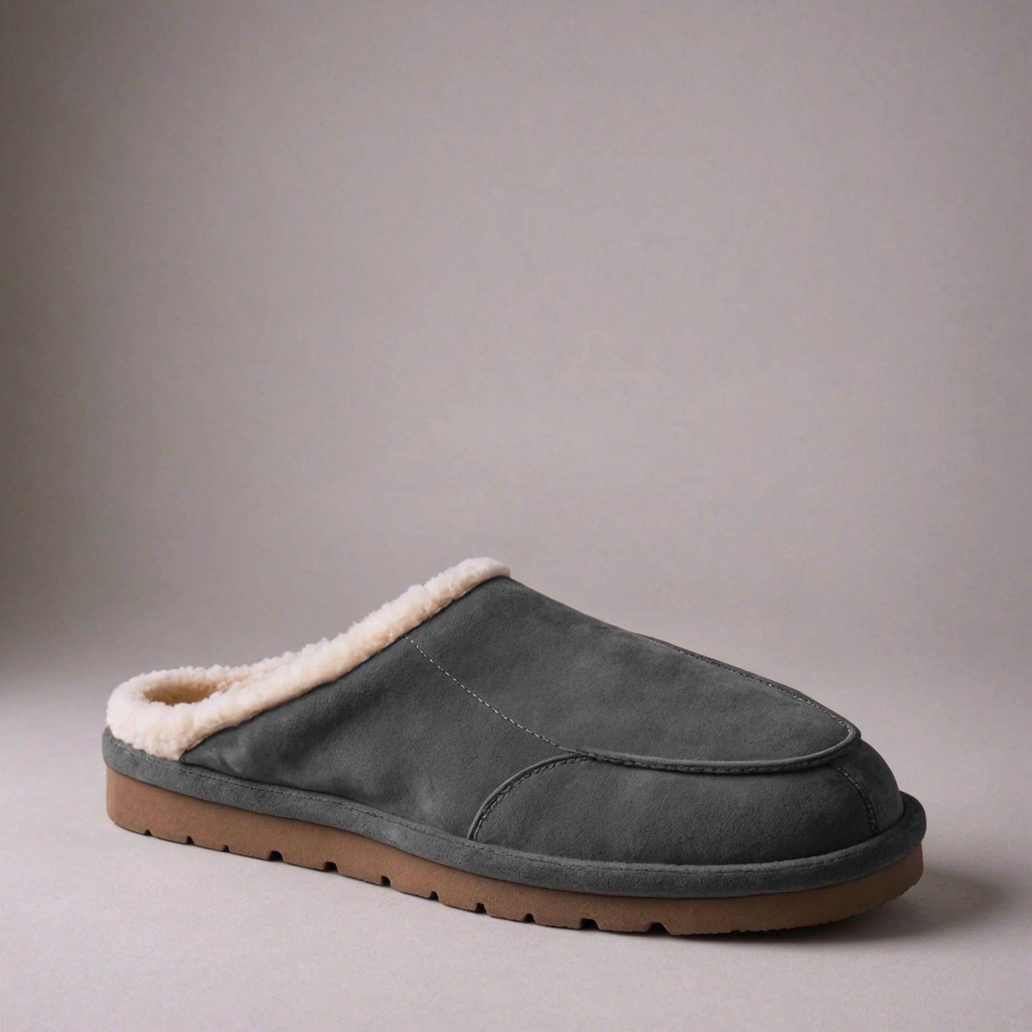 Grey Suede Leather Eliana Fur Lined Slippers