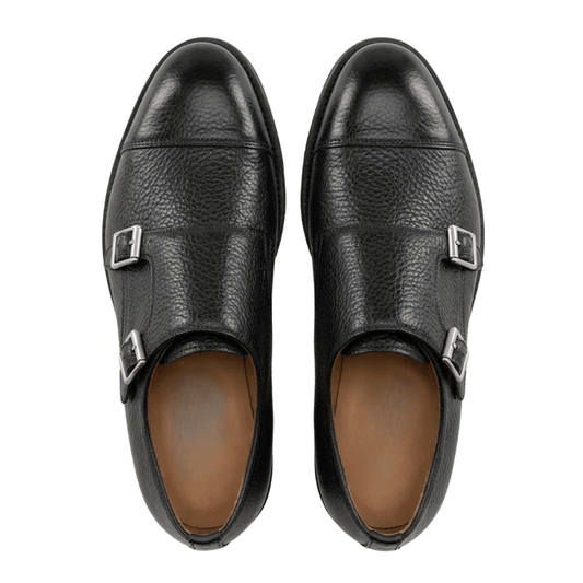 Height Increasing Black Leather Portneuf Chunky Monk Strap Shoes