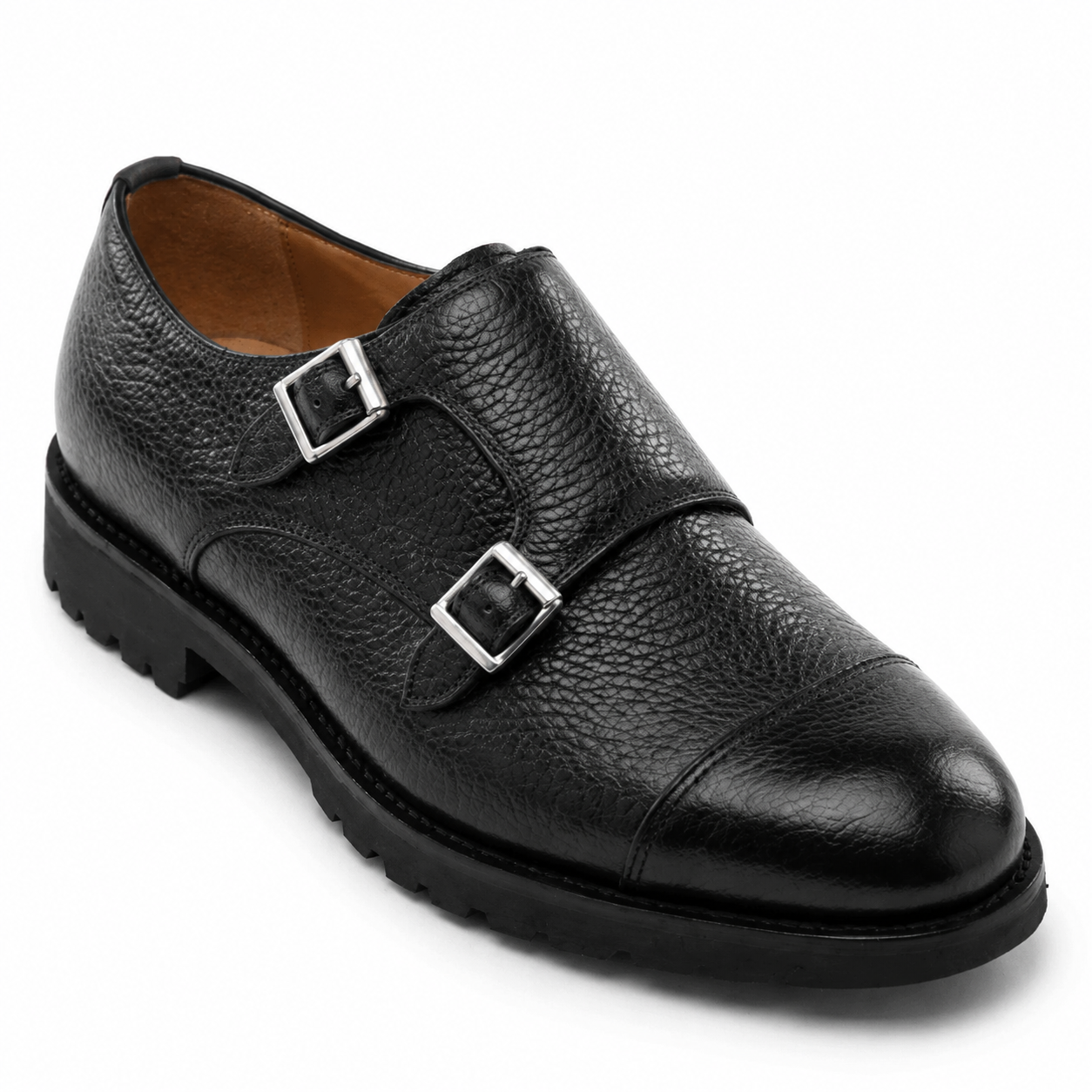 Close-up view of black leather double monk strap shoe