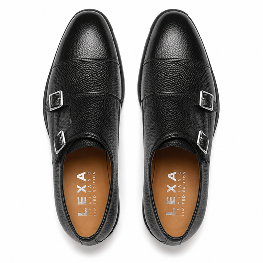 Height Increasing Black Leather Portneuf Chunky Monk Strap Shoes