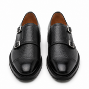 Pair of black leather double monk strap shoes for men