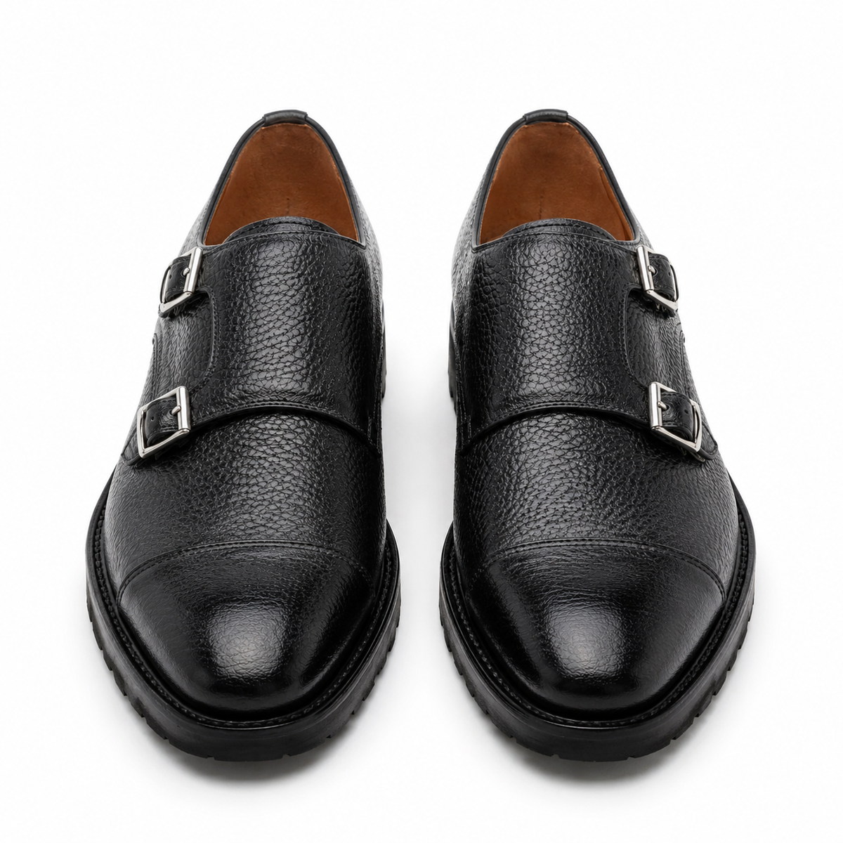Pair of black leather double monk strap shoes for men
