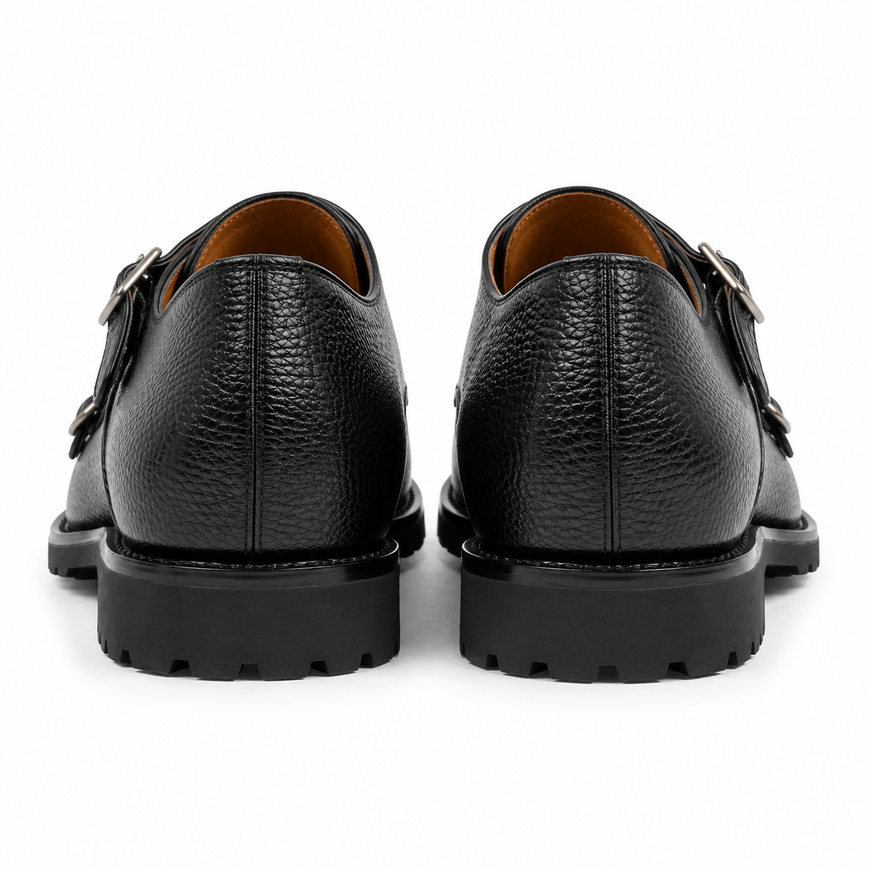 Back view of black leather double monk strap shoes