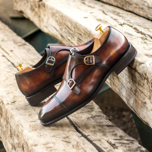 Height Increasing Brown Leather Aarau Toe Cap Monk Straps